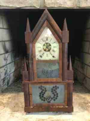 ANTIQUE C. 1845 BIRGE AND FULLER WAGON SPRING STEEPLE ON STEEPLE CLOCK, WORKING