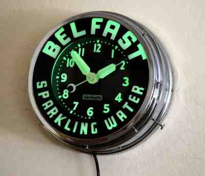 Original Belfast Sparkling Water Neon Clock - Chrome Case Black Face Green Neon