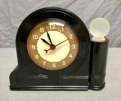 VINTAGE 1930's Ebony ART DECO LACKNER NEON GLO BLACK Bakelite CLOCK – WORKING