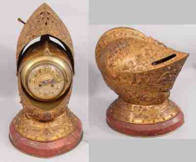 RARE! Antique 19thC French Japy Freres Bronze Medieval Knight Armor Helmet Clock