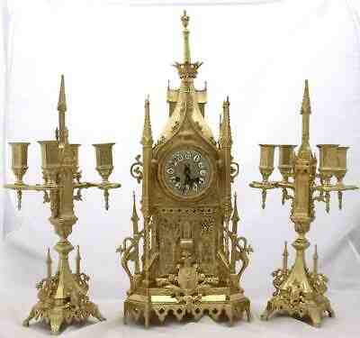 Antique French Mantle Clock Exceptional Gothic Cathedral Garniture Set Striking