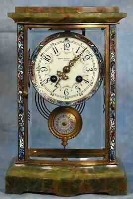French Cloisonne and Green Onyx Crystal Regulator Clock 19th Century Japy Freres