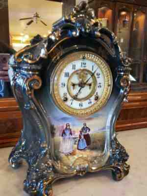 ANSONIA ROYAL BONN CHINA MANTLE CLOCK .* La Mine" DUTCH WOMEN SCENE* GORGEOUS!