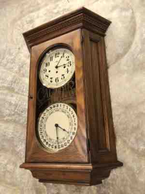 HOWARD MILLER TRIPLE CHIMING INLAYED, 2 JEWELS,CALENDAR WALL CLOCK STRIKE DAY
