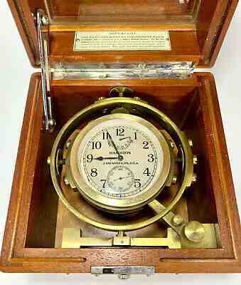 HAMILTON Model 22 Marine Chronometer + Gimbaled Mahogany Box + RUNNING STRONG