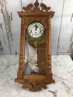 Vtg German Emperor Oak Wall Clock Rod Chime w/Key Wind-up Regulator R&A RUNS!