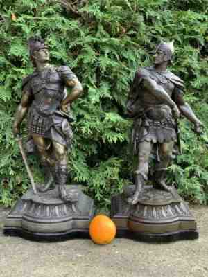 Finest Pair Ansonia Gilbert Waterbury Warrior Spelter Clock Statue A. Waagen