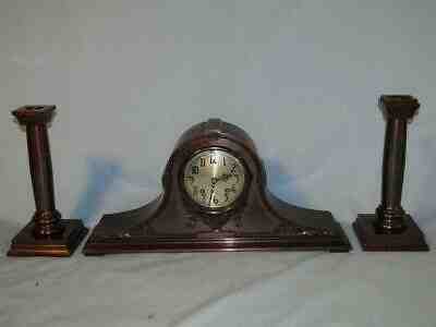 RARE CHELSEA 18" BRONZE SHIPS BELL MANTEL CLOCK & MATCHING CANDLESTICKS - 26 LBS