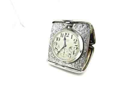 FABULOUS WILLIAM KERR ART NOUVEAU STERLING SILVER 8 DAY WALTHAM TRAVEL CLOCK
