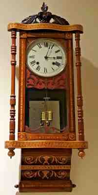 Antique Working Victorian Fancy Inlay American Walnut Regulator Wall Clock c1879
