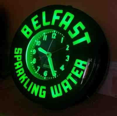 Original Belfast Sparkling Water Neon Clock - Black Case Black Face Green Neon