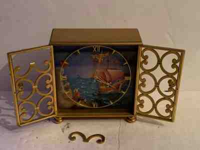 Vintage Imhof swiss brass clock 15J 8 day painted sailing ship scene running!