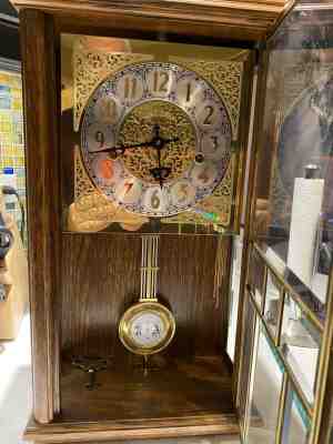 Ansonia Gold Medallion #681 Germany 8 day Triple Chime Wall Clock, leaded glass