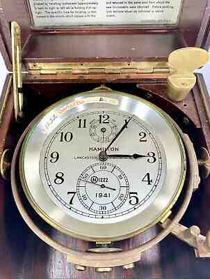 HAMILTON 21 Marine Chronometer + Mahogany Box, Low Ser # 1222 - Running Strong
