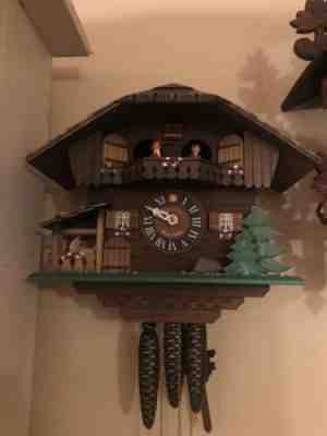 Vintage SWISS MADE LOTSCHER Chalet Cuckoo Clock Musical Animated dancers/animals
