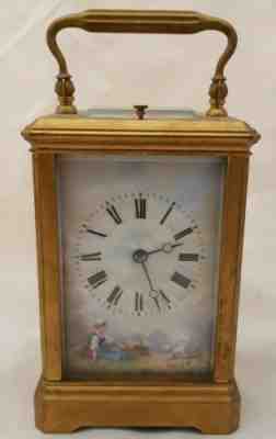 Antique FRENCH Miniature Brass Carriage Clock Porcelain Panels 