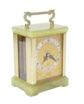 Fine Elliott London English Mantle Carriage Clock Green Onyx Glass Sides 7 Jewel