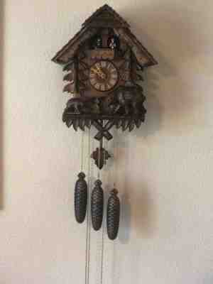 German Bears Wood Cuckoo Clock Hand Made In Germany w Dancing Dolls And Bird