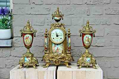 Stunning French Porcelain victorian scene Clock set candelabras vases FHS 