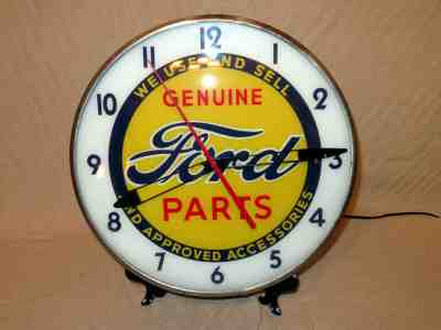 Vintage Pam Lighted Advertising Clock for "GENUINE FORD PARTS", 1940s