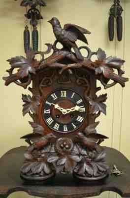 ANTIQUE GERMAN BLACK FOREST G.H.S MANTEL/SHELF 3 BIRD CUCKOO CLOCK 1800'S