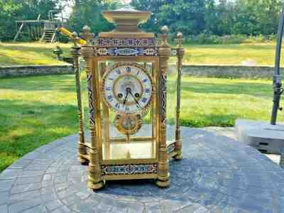 French Champleve Regulator Gilt Bronze Clock Cloisonne Enamel Glass 19th Century