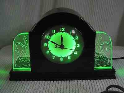 Vintage 1930's Bakelite Art Deco LACKNER "Neon Glo" Swans Mantle Clock - WORKS