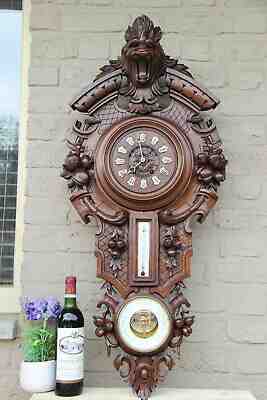 XXL Top antique BLACK FOREST wood carved Wall clock barometer lion head 