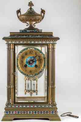 TIFFANY & CO FRENCH  BRONZE CLOISONNE TALL CRYSTAL REGULATOR CLOCK