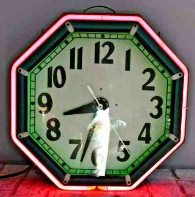 Electric Neon Clock Co. Cleveland Octogon Clock Pink Green Neon Traditional Face