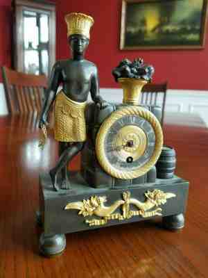 French Patinated Gilt Bronze Blackamoor Clock Ormolu Empire Au Bon Sauvage Paris