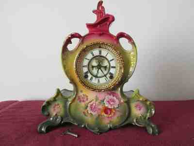 ANTIQUE 1800s Ansonia La Vendee Royal Bonn Porcelain China Mantel Clock 15"