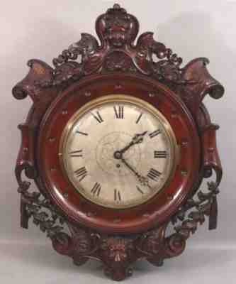 Large 1850s Antique 19thC Carved Walnut, English Fusee Wall Clock, Exceptional!
