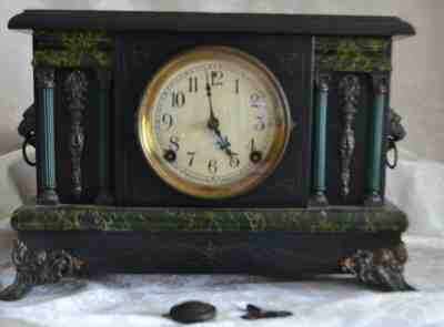 ANTIQUE GILDED DECOR PILLARS COLUMNS-8 DAY MANTLE CLOCK-E.N.WELSH MFG.USA