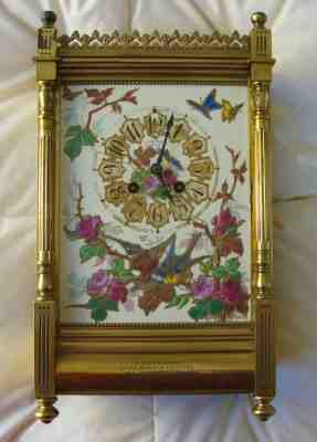 13" HIGH MANTEL CLOCK 1885 brass case porcelain enamel panels W&M Dodge French
