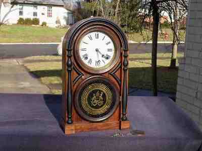 Atkins Venetian Shelf Mantle Clock Original Finish Label Dial Painted Gold Glass