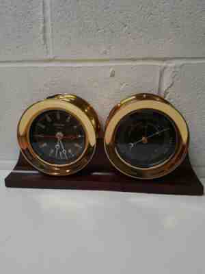 Chelsea Newport 4.5" Flag Nautical Clock Barometer on double Wood Base (Brass)