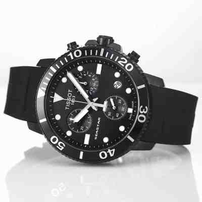 Original In Box Tissot 1853 Seastar Black Dial Silicone Strap Men's Chrono Watch