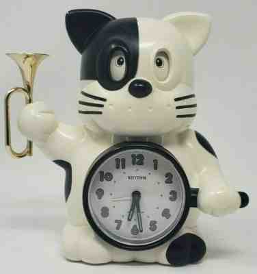 Rare Vintage Rhythm Reveille Bugle Cat Alarm Clock Japan White Black Works