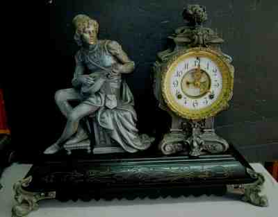 VINTAGE ANSONIA MANDOLIN PLAYER STATUE METAL CLOCK, OPEN ESCAPEMENT