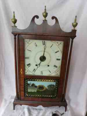 ELI TERRY WINDOW SHADE ALARM PILLAR AND SCROLL WOODEN WORKS WOODWORKS CLOCK