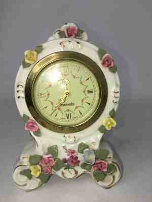  Vintage German Dresden Mercedes Porcelain Mantel Top Clock Floral Shelf Clock 