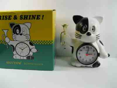Vintage Rhythm Japan Clock Black White cat rise and shine w/ Trumpet NEW in box 