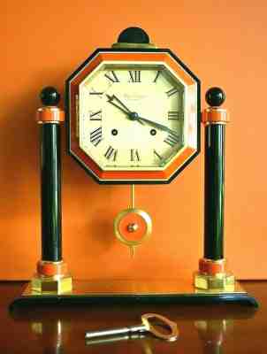Vintage French HOUR LAVIGNE Orange & Black Art Deco Key Wind 1982 Mantle Clock