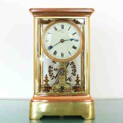 Antique EUREKA CLOCK Mantel 2 Doors!! RED & YELLOW COPPER! Translucent Skeleton!