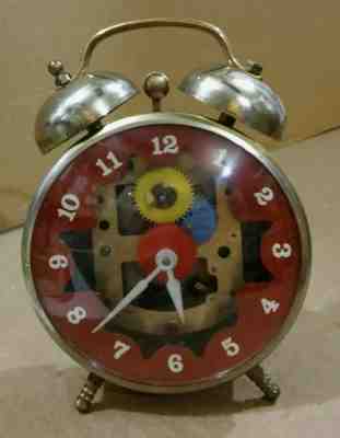 Vintage 1978 Robertshaw Lux red open face colorful gears twin bell alarm clock