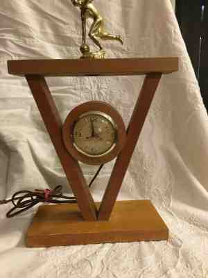 Vintage Gibraltar USA Electric Art Deco Clock wood base Bowling Trophy Runs