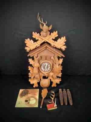 VTG BLACK FOREST "Hunter" Cuckoo Clock Solid Wood (Parts or Repair) GERMANY 