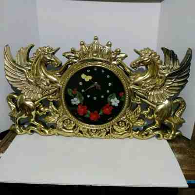 Vtg Imperial Wall Clock Unicorn Gold Pegasus Hollywood Regency Retro Art Deco