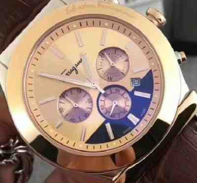 Original With Box Men's Salvatore Ferragamo Triple Eyes Brown Strap Quartz Watch
